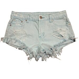 LITZ Light Blue Distressed Frayed‎ Denim Shorts High Rise Cut Off Small